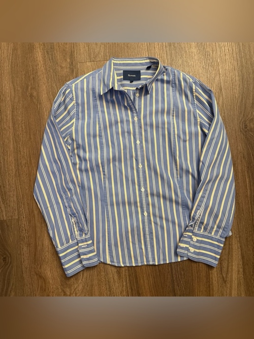 FACONNABLE Yellow + blue striped button-up cotton shirt. Size 12.